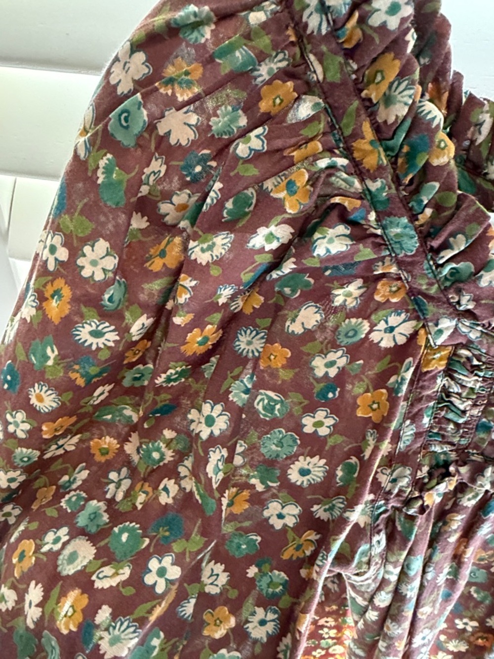 Doen Floral Mini Dress in Plum with Green and Mustard Flowers